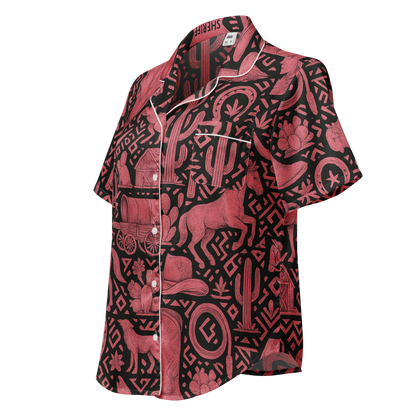 White line pajama top with pink and black all over print western graphic containing horses, cactus, horseshoes, coyotes, and more #white