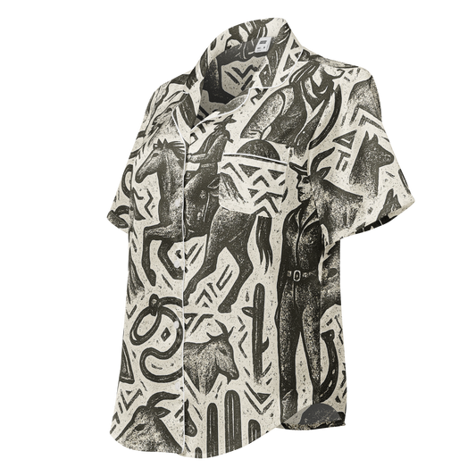 White stitched pajama top with graphic of western horses, cowgirls, rams, cacti, and more #white