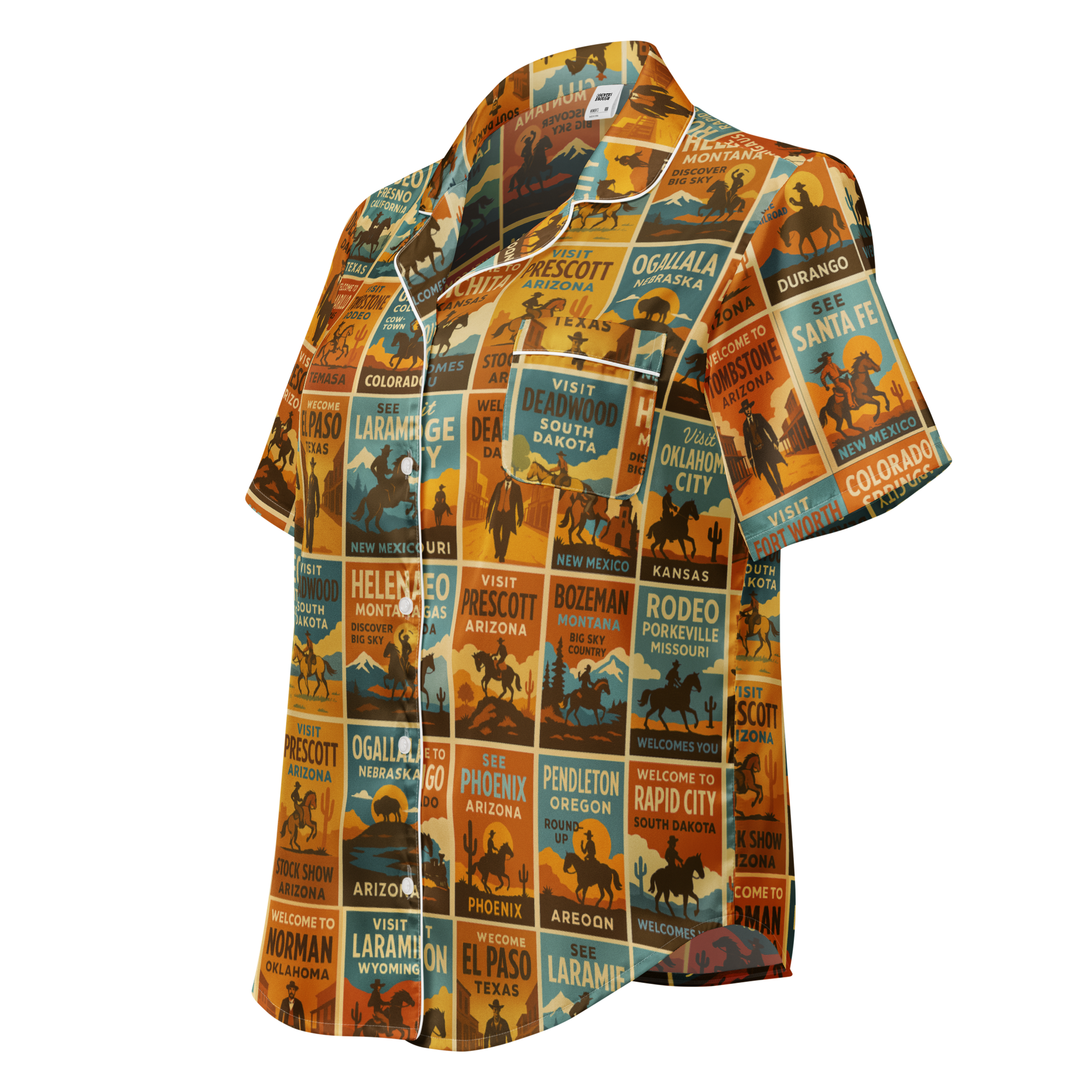 Western Pajama top with rodeo poster graphic covering the whole top #white