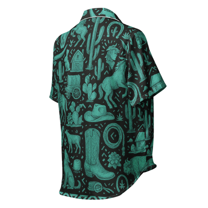 White stitched pajama top with graphic of western horses, cowgirls, rams, cacti, and more #white