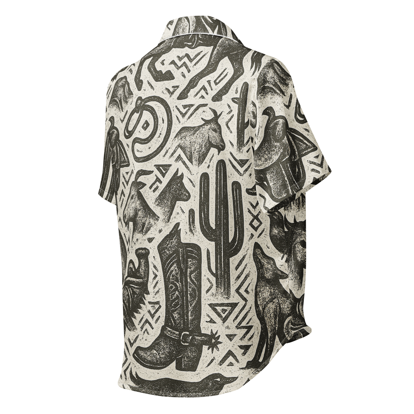 White stitched pajama top with graphic of western horses, cowgirls, rams, cacti, and more #white