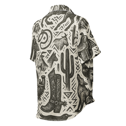 White stitched pajama top with graphic of western horses, cowgirls, rams, cacti, and more #white