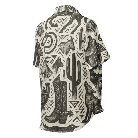 White stitched pajama top with graphic of western horses, cowgirls, rams, cacti, and more #white