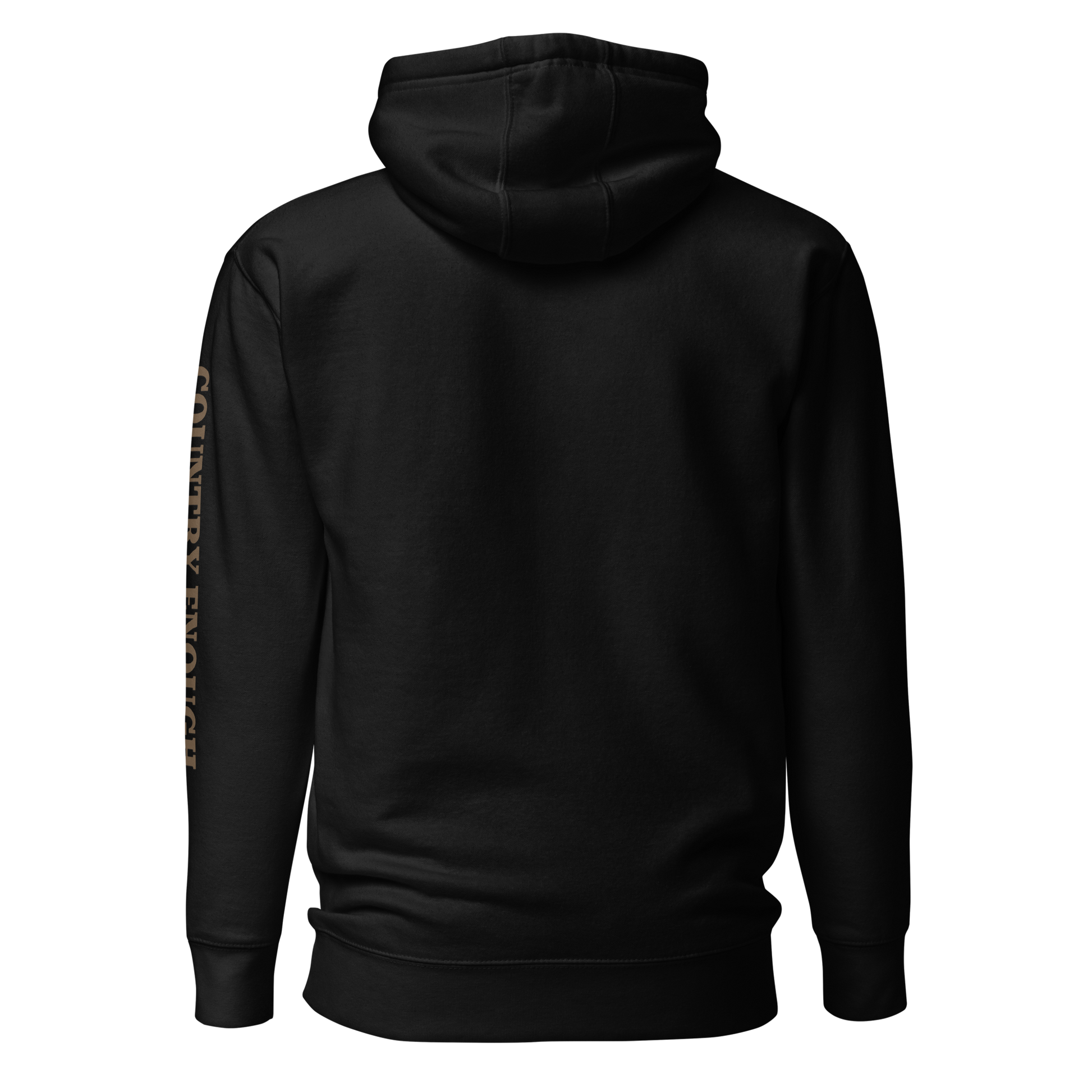 Black hoodie with a chest logo that includes a based, sunset, mountains, and the words country enough #black