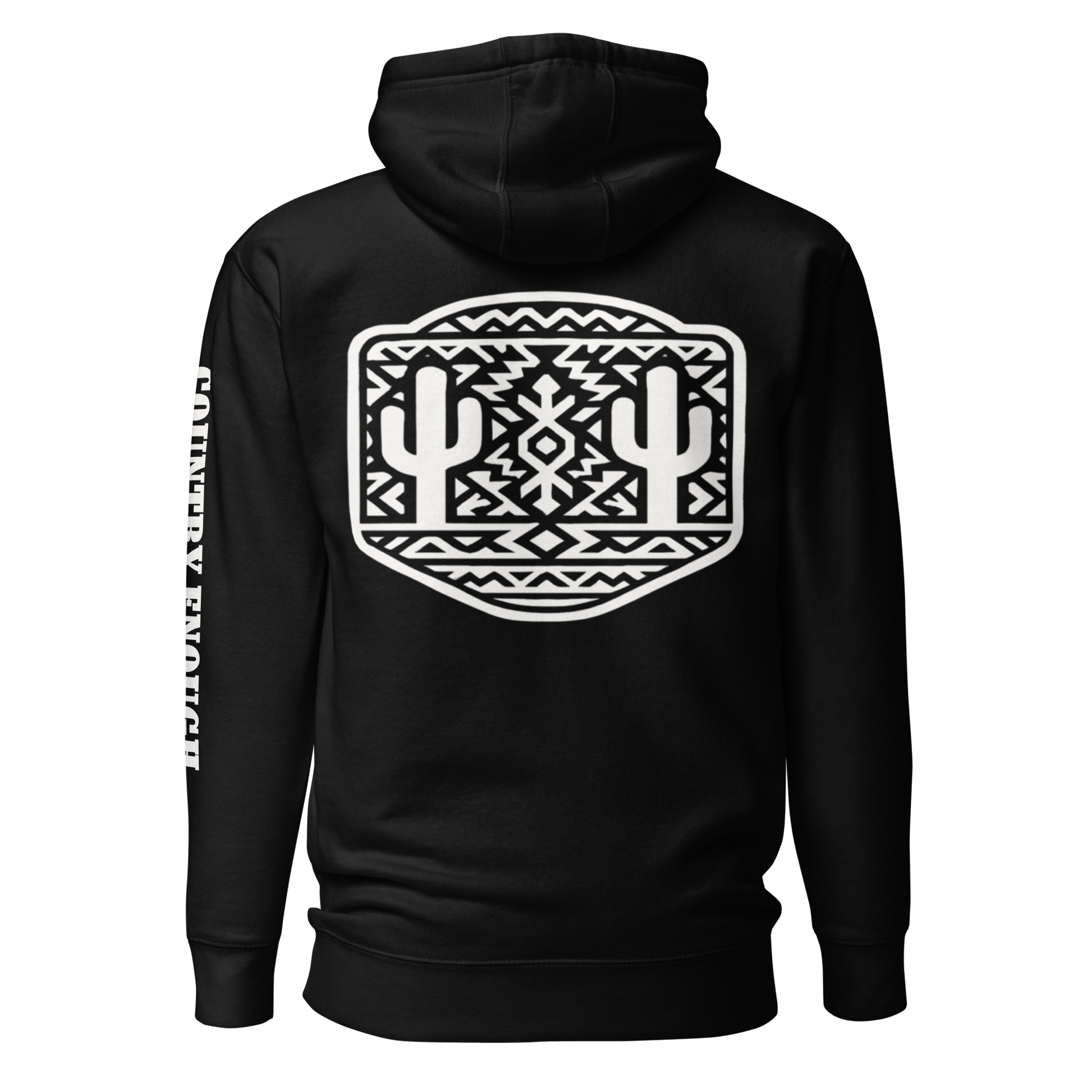 Black Hoodie with a geometric graphic surrounding aztec pattern and mirrored cacti. #black