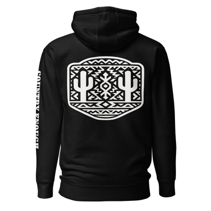 Black Hoodie with a geometric graphic surrounding aztec pattern and mirrored cacti. #black