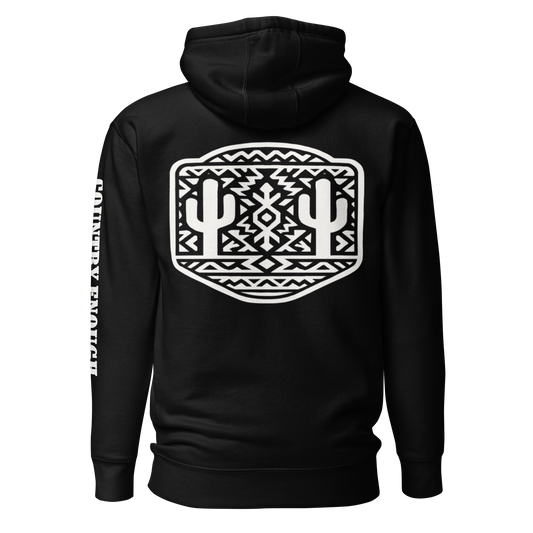 Black Hoodie with a geometric graphic surrounding aztec pattern and mirrored cacti. #black