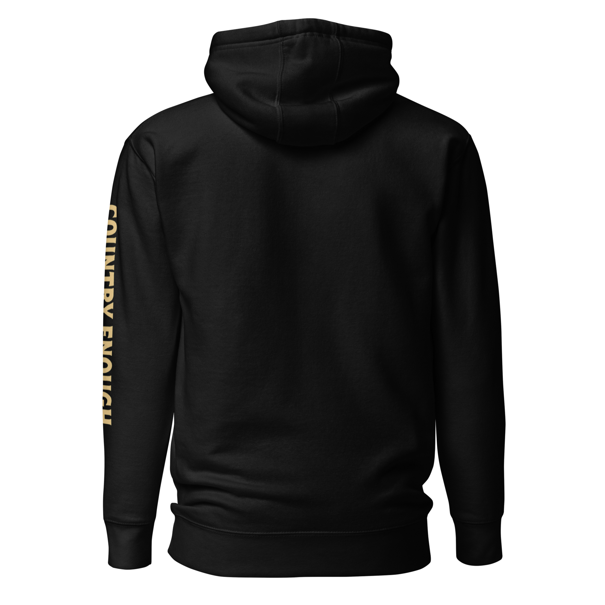 Black hoodie with circular graphic of a cowboy, horse, campfire, sun, cacti and desert landscape with words country enough #black
