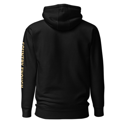 Black hoodie with circular graphic of a cowboy, horse, campfire, sun, cacti and desert landscape with words country enough #black