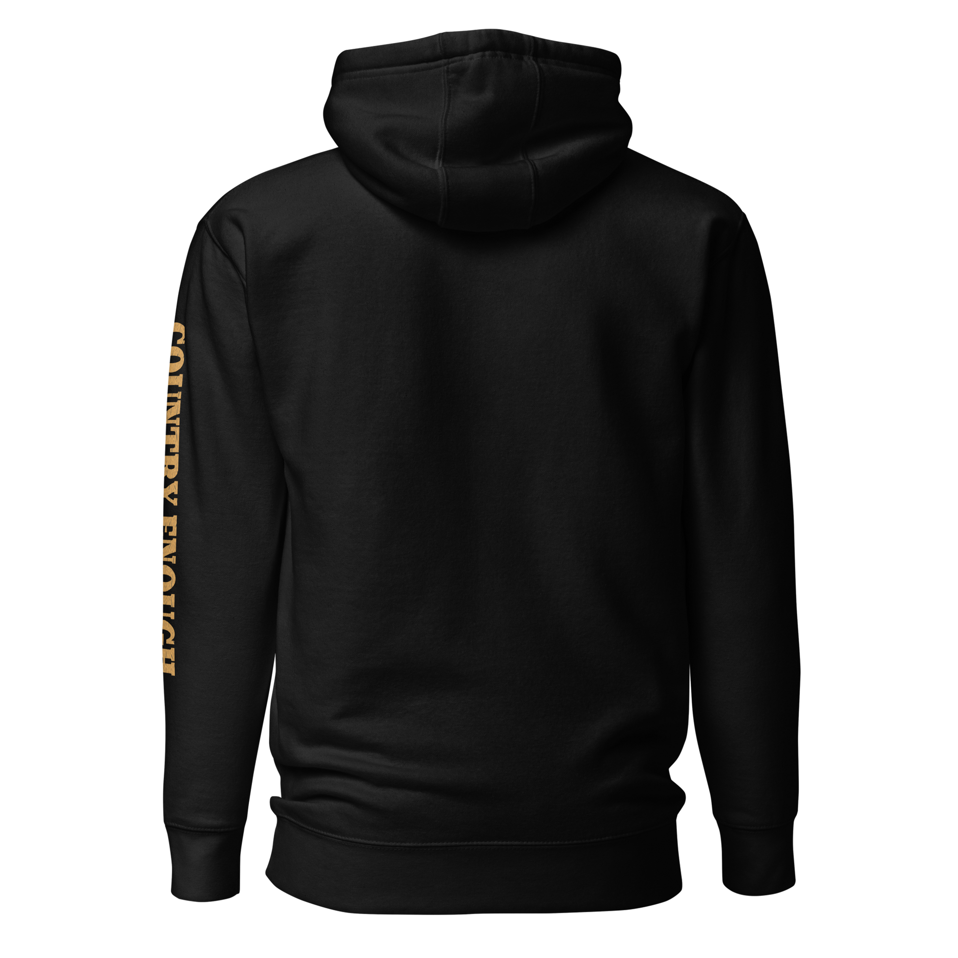 Black hoodie with circular graphic of a bison, starry sky, and the words country enough and hold the range #black