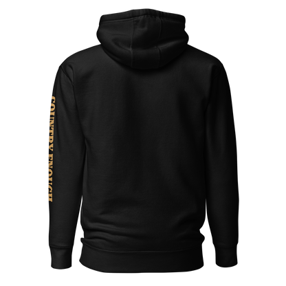Black hoodie with circular graphic of a bison, starry sky, and the words country enough and hold the range #black