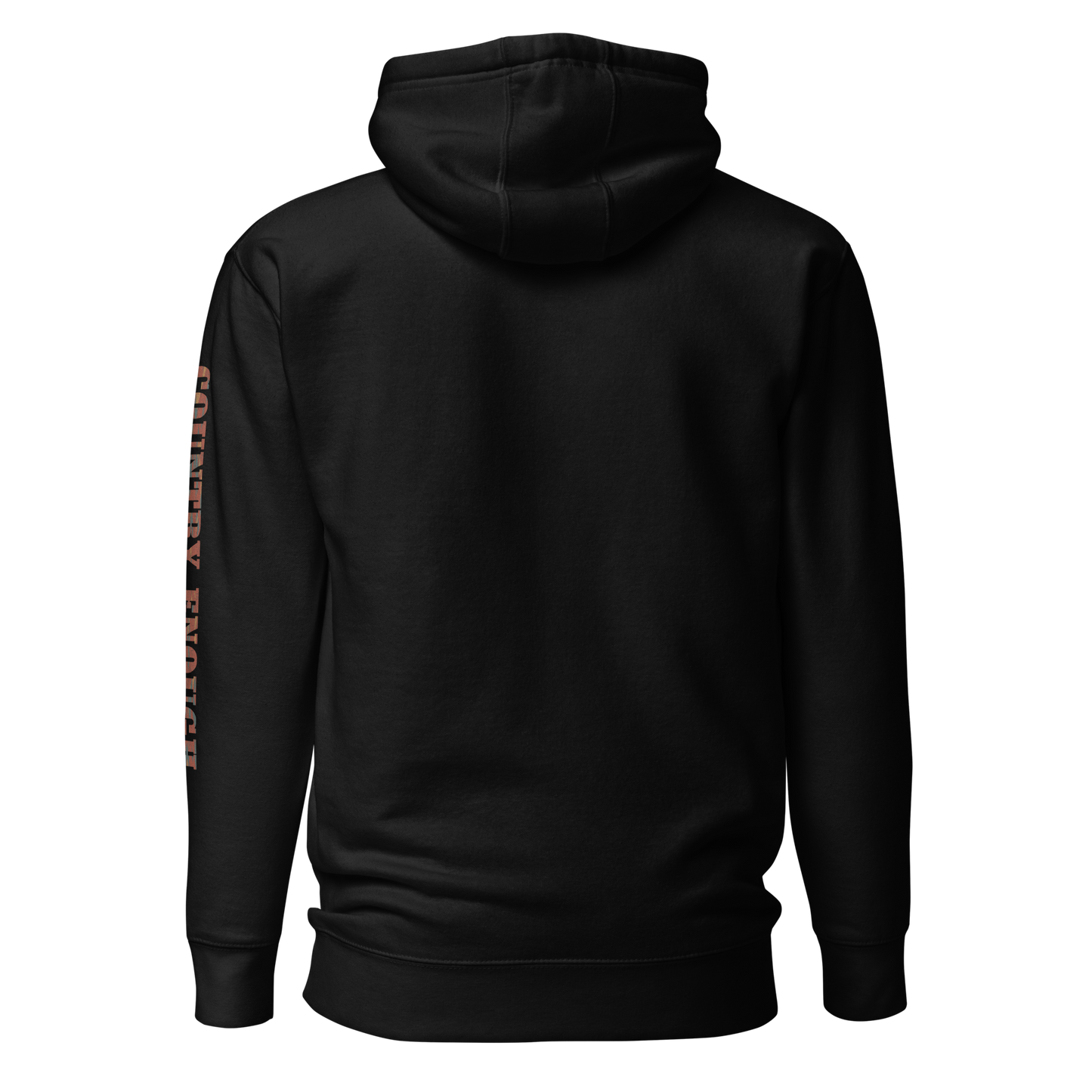 Black hoodie with graphic of aztec patter, bull skull, and the words country enough #black