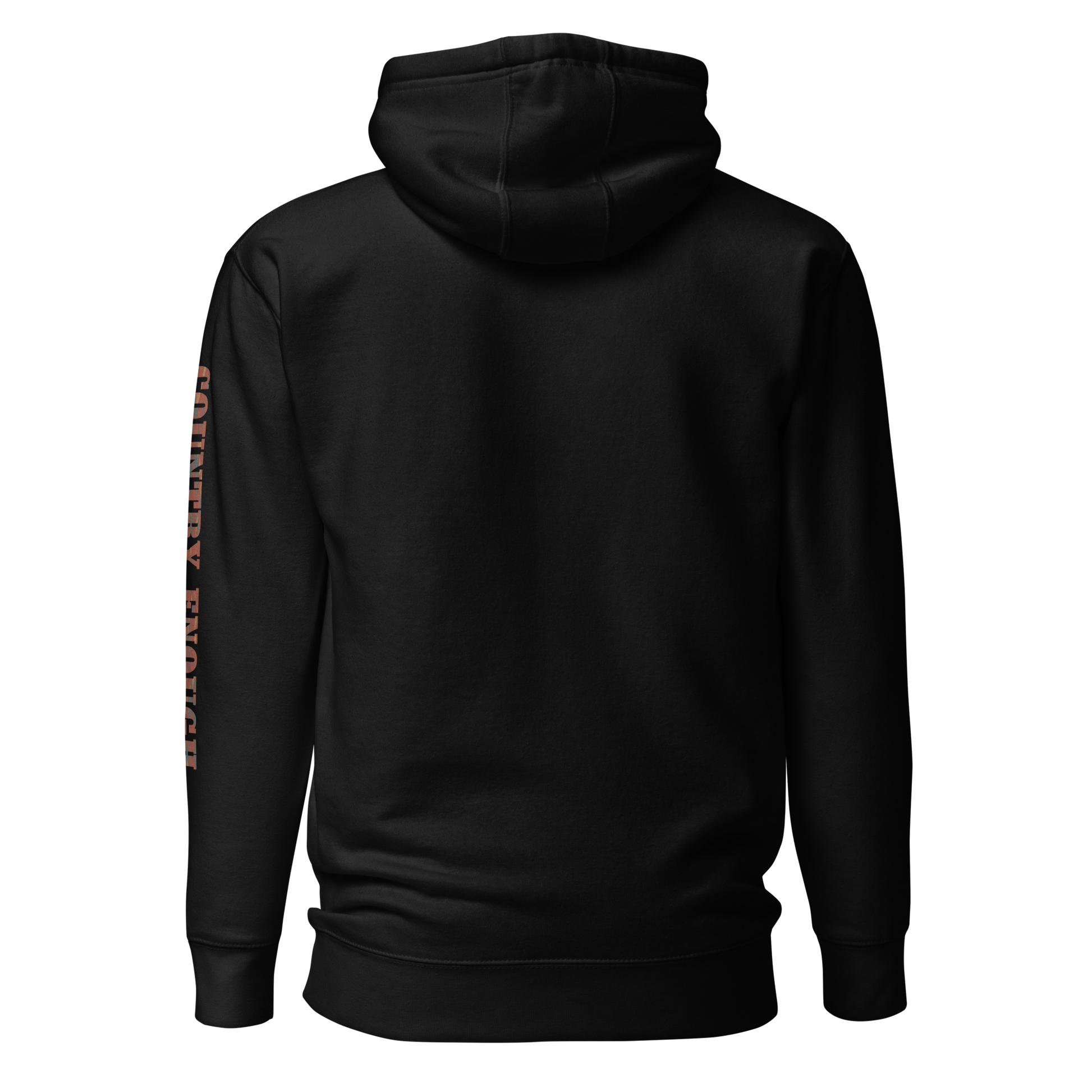 Black hoodie with graphic of aztec patter, bull skull, and the words country enough #black