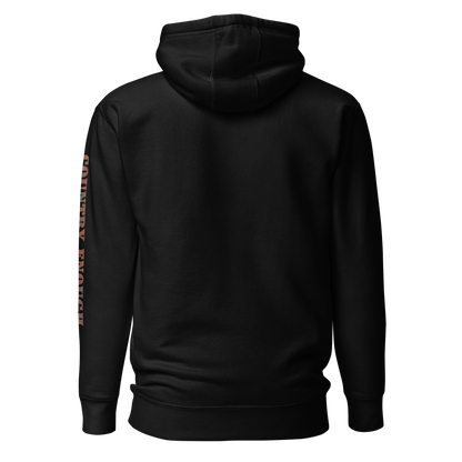 Black hoodie with graphic of aztec patter, bull skull, and the words country enough #black