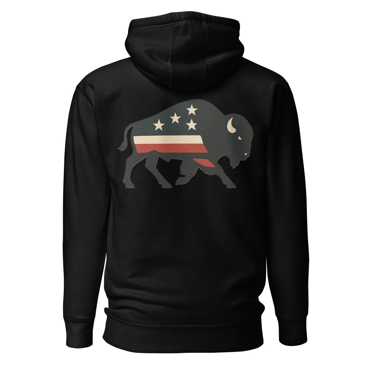 Black hoodie with graphic of American flag filled bison #black
