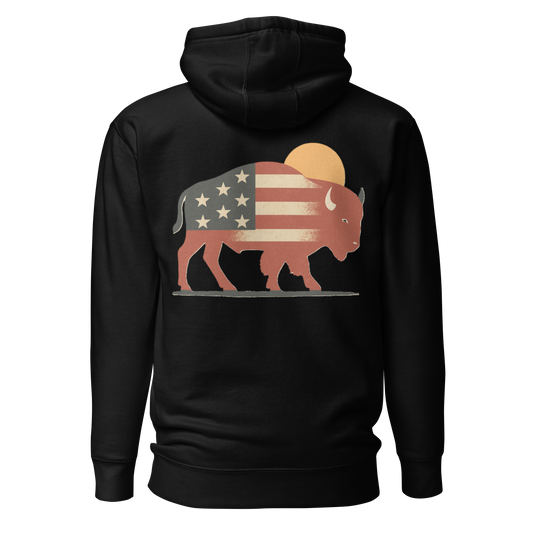 Black hoodie with graphic of American flag filled bison and sun #black