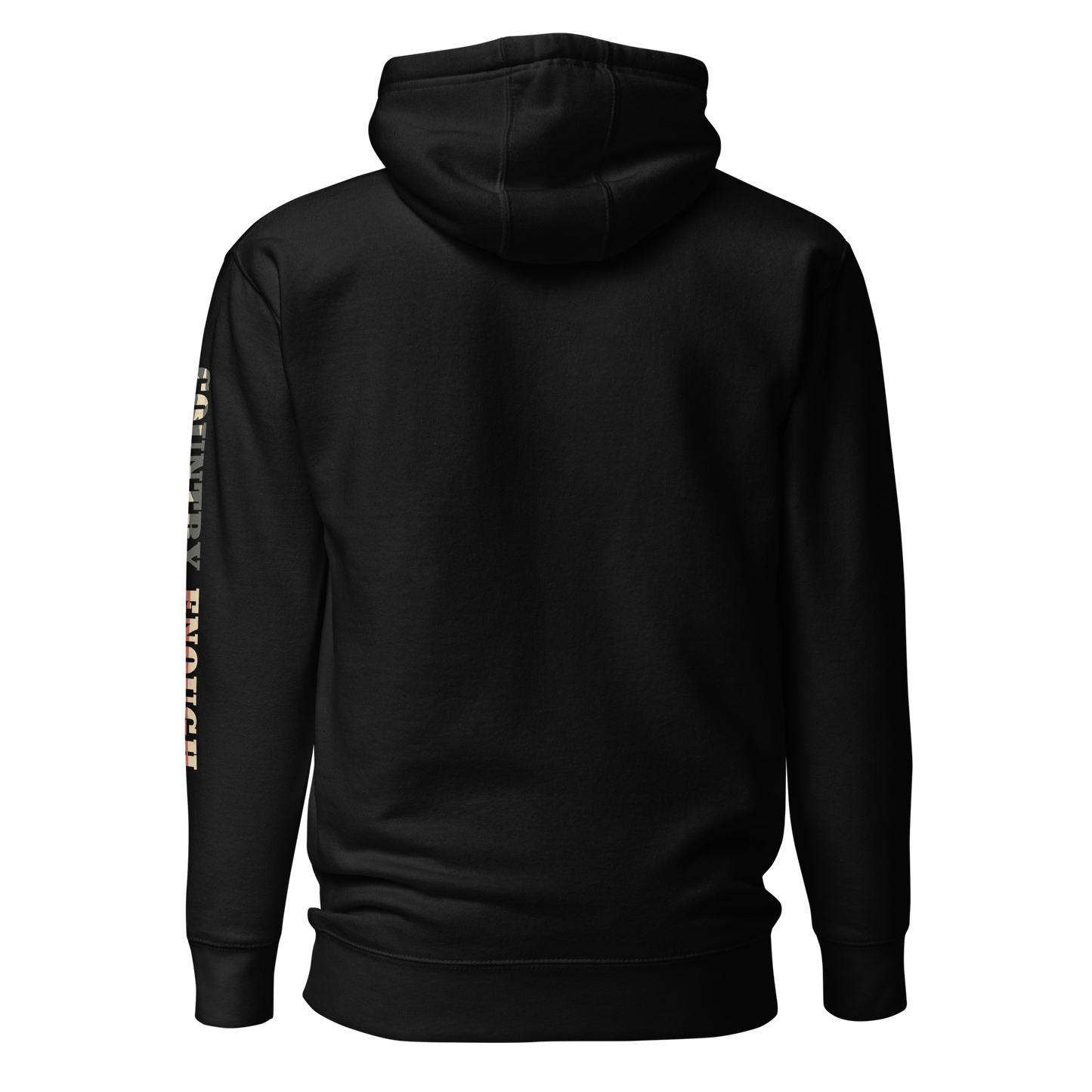 Black hoodie with graphic of the words country enough filled with the American flag #black