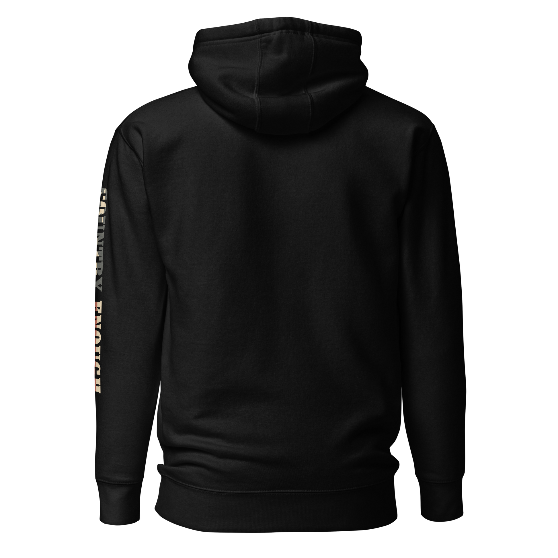 Black hoodie with graphic of the words country enough filled with the American flag #black