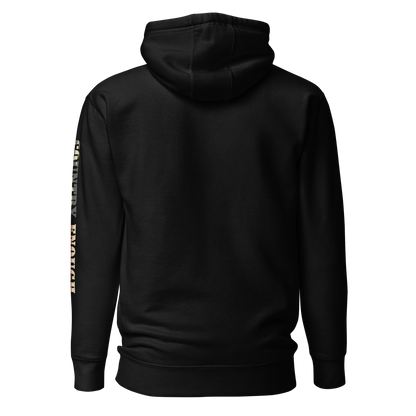 Black hoodie with graphic of the words country enough filled with the American flag #black