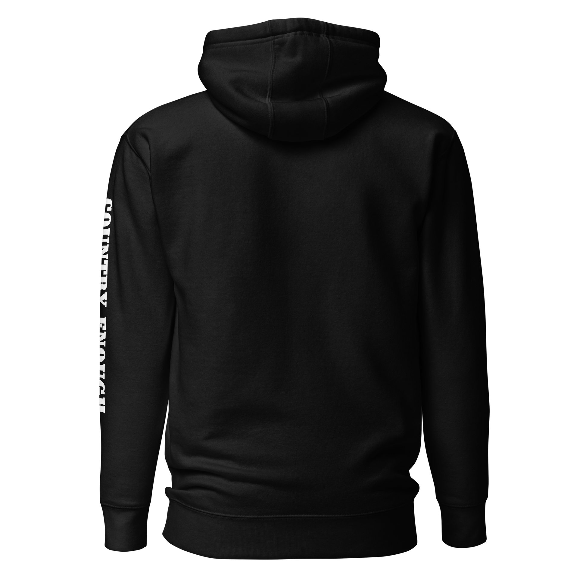 Black hoodie with graphic of the words country enough #black