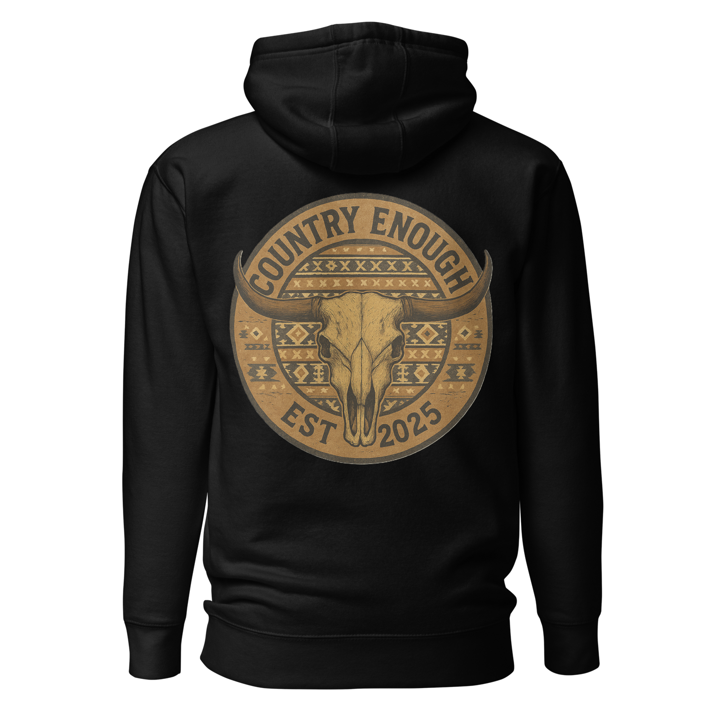 Black hoodie with western style graphic featuring longhorn skull and aztec print #black