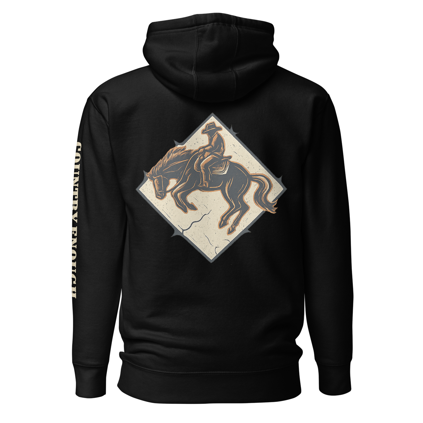 Black hoodie with diamond shape graphic including a bucking horse and rider #black