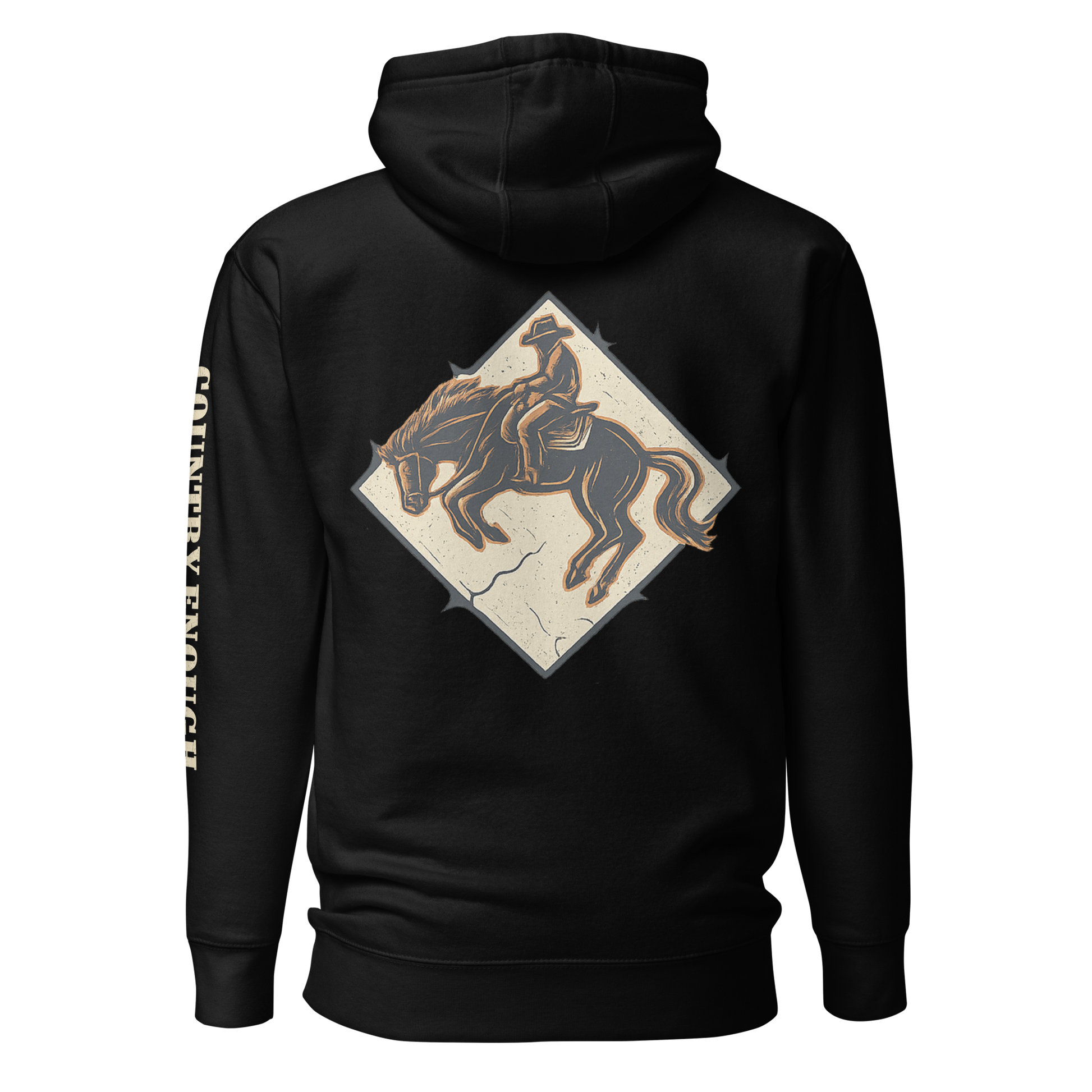Black hoodie with diamond shape graphic including a bucking horse and rider #black