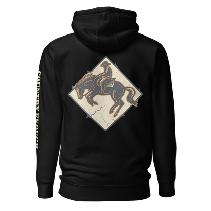 Black hoodie with diamond shape graphic including a bucking horse and rider #black