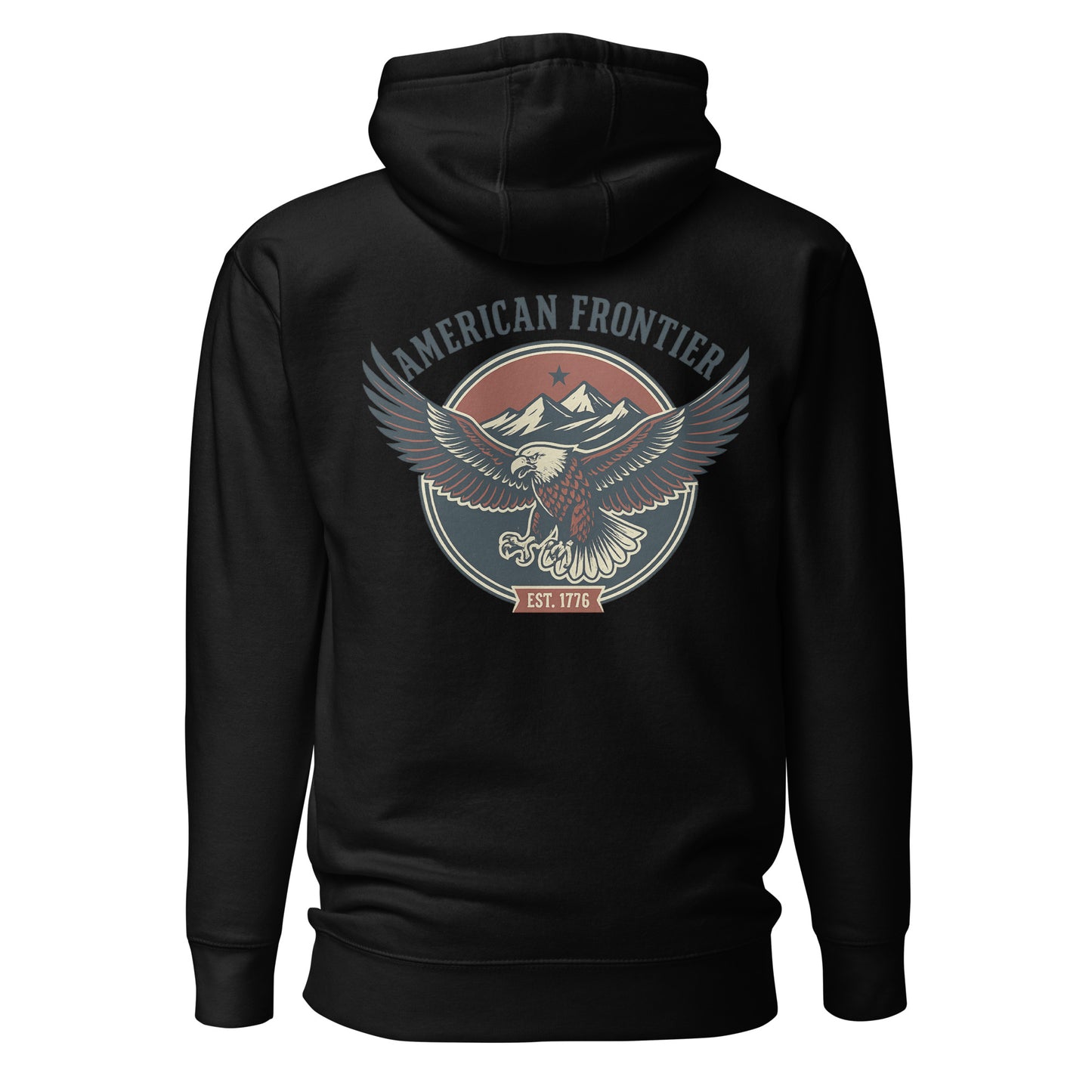 Black hoodie with an eagle and mountains in red, white, and blue with words American Frontier EST 1776 #black