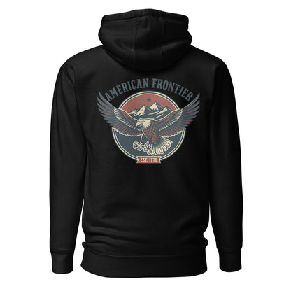 Black hoodie with an eagle and mountains in red, white, and blue with words American Frontier EST 1776 #black