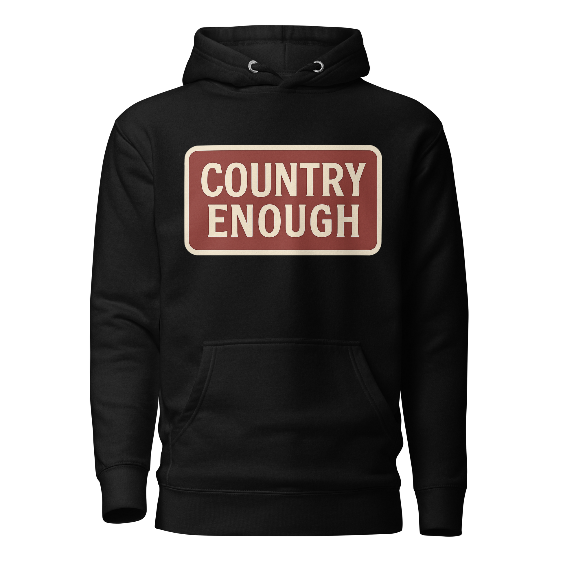 Black hoodie with rounded box graphic of the words country enough in a cream and maroon design #black