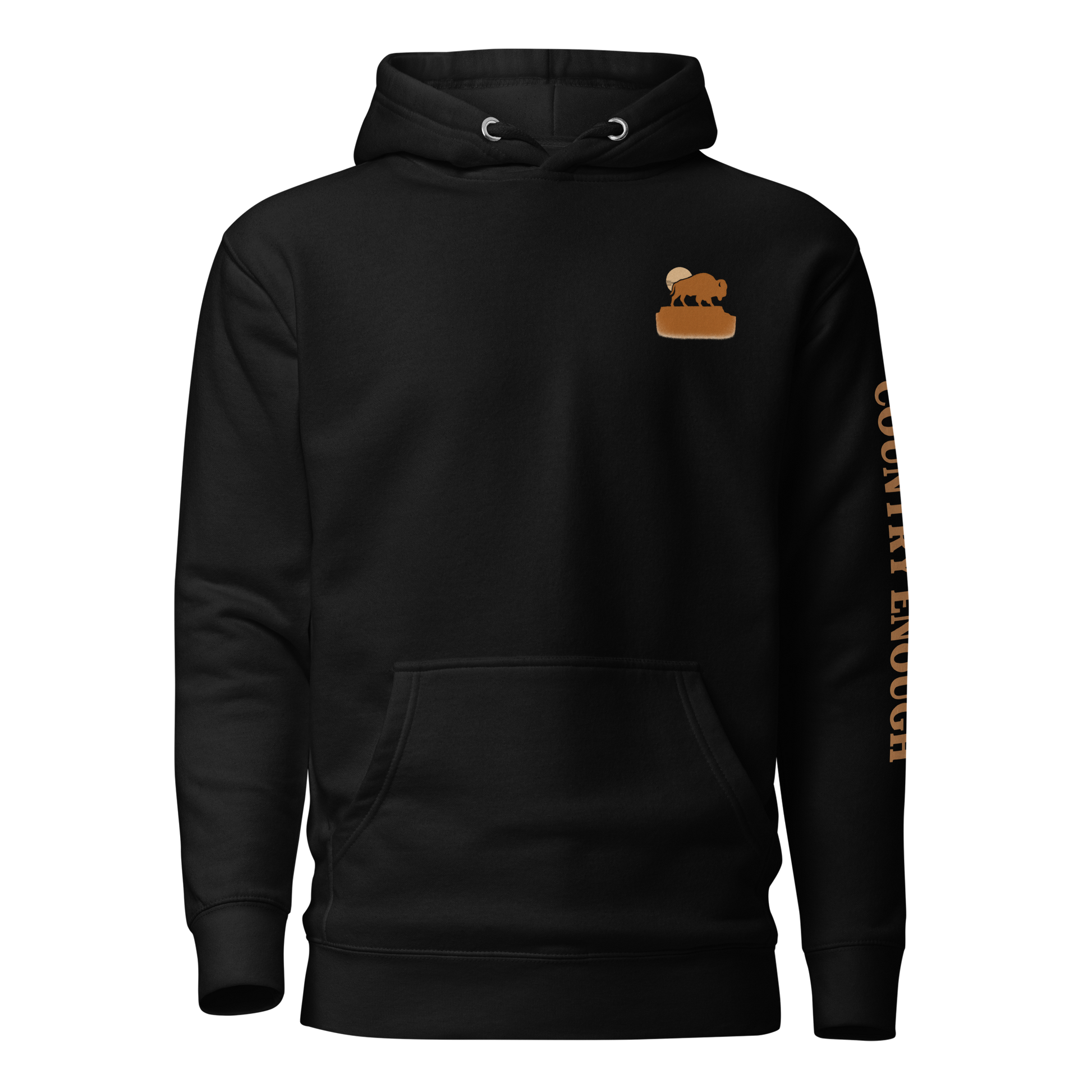Black hoodie with graphic of bison atop a plateau, the sun behind, and the words country enough #black