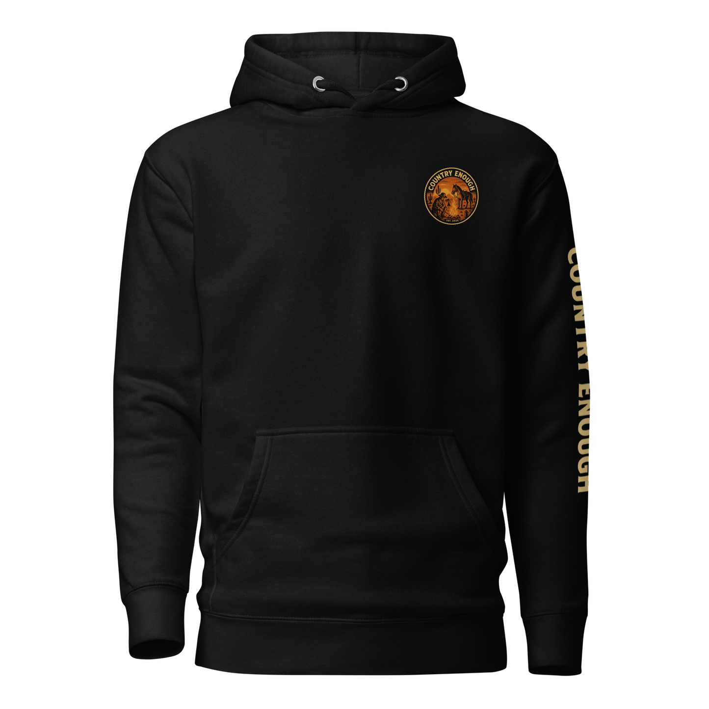 Black hoodie with circular graphic of a cowboy, horse, campfire, sun, cacti and desert landscape with words country enough #black