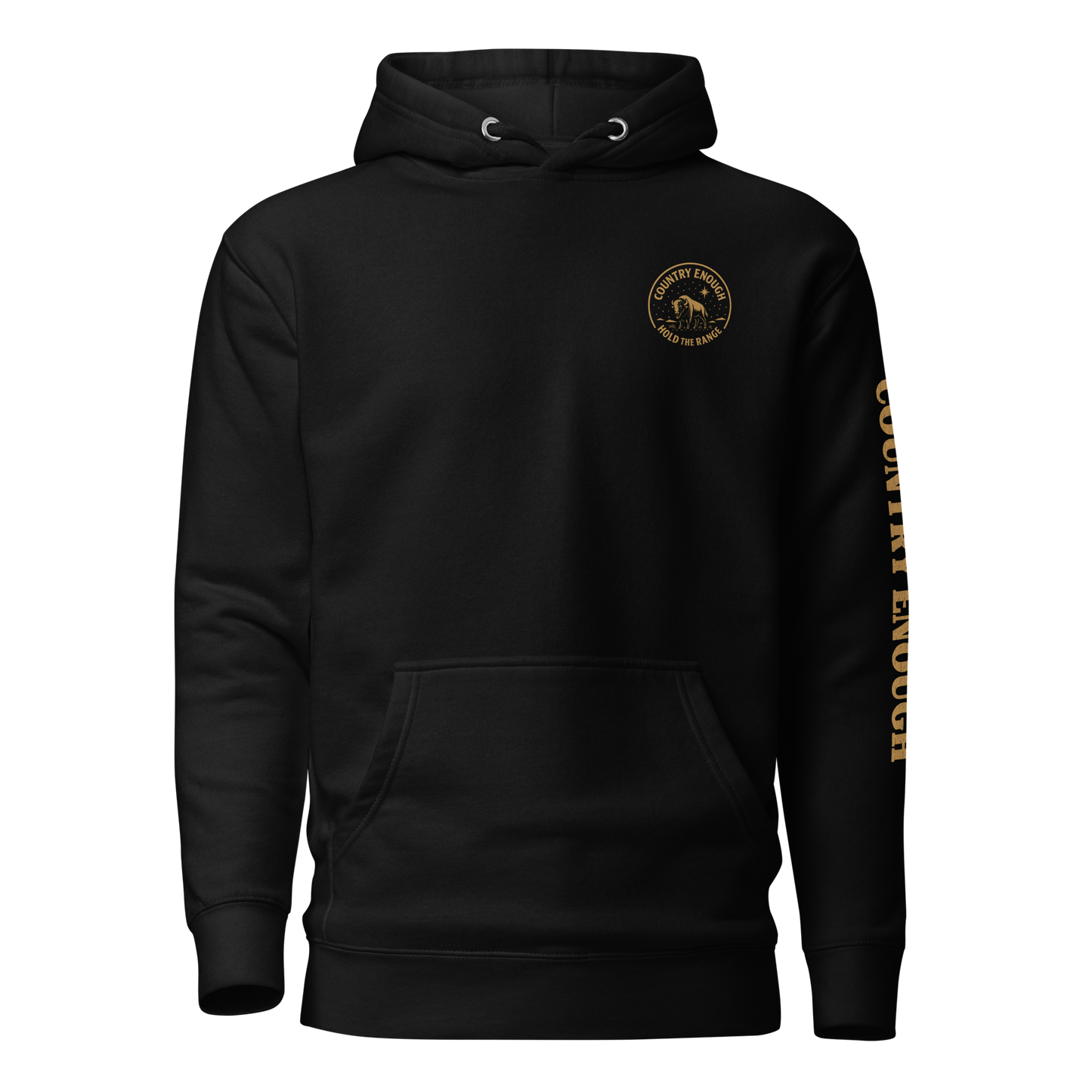 Black hoodie with circular graphic of a bison, starry sky, and the words country enough and hold the range #black