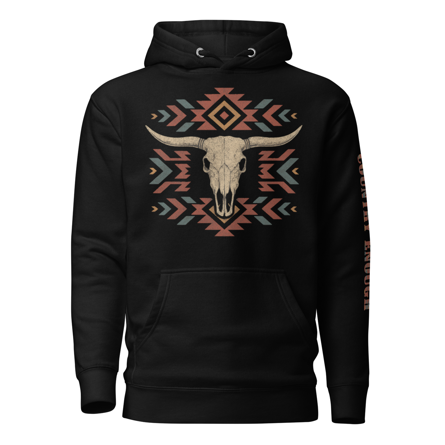 Black hoodie with graphic of aztec patter, bull skull, and the words country enough #black