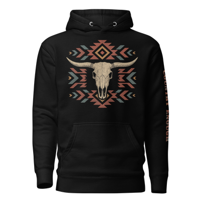 Black hoodie with graphic of aztec patter, bull skull, and the words country enough #black