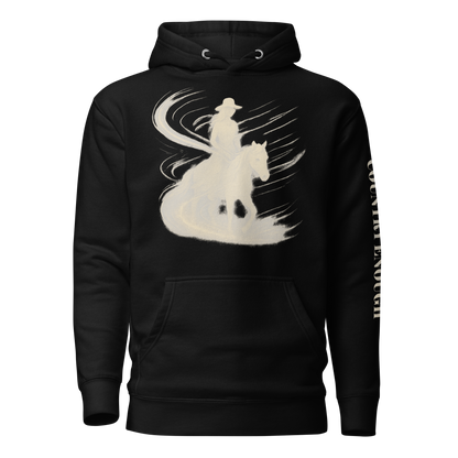 Black hoodie with graphic of a cowgirl silhouette in a light pink color with words country enough #black