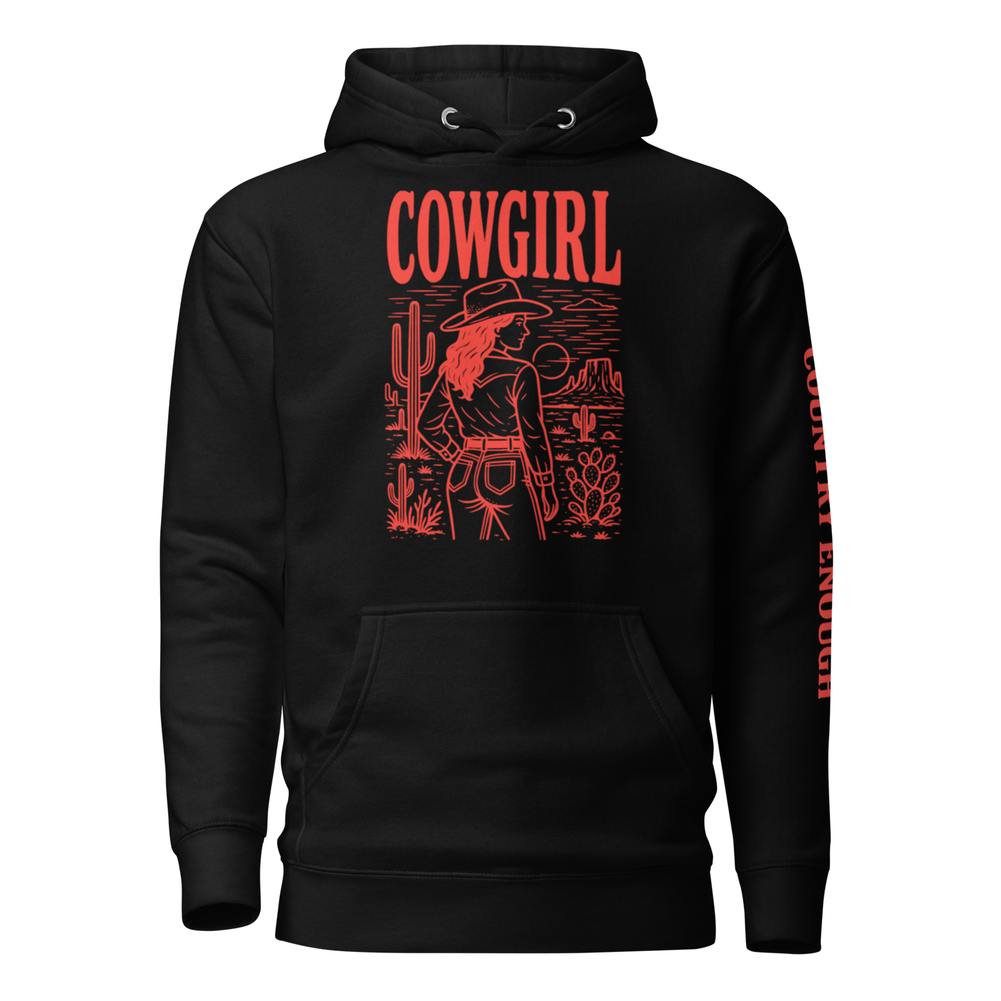 Black hoodie with graphic of cowgirl in front of a desert landscape #black