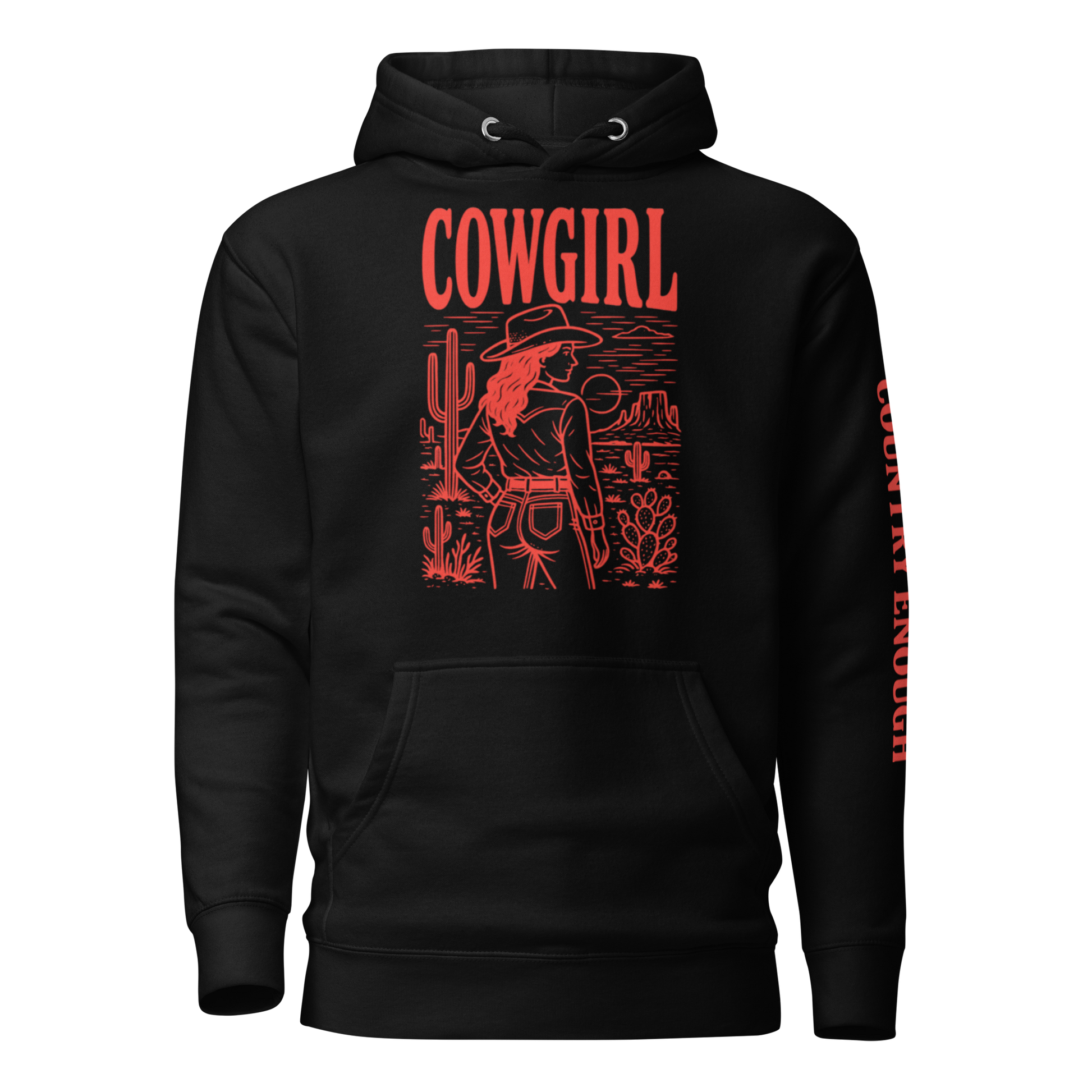 Black hoodie with graphic of cowgirl in front of a desert landscape #black