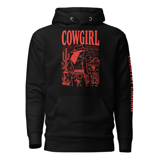 Black hoodie with graphic of cowgirl in front of a desert landscape #black