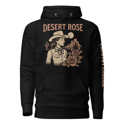 Black hoodie with graphic of cowgirl, roses, sun, and desert landscape #black