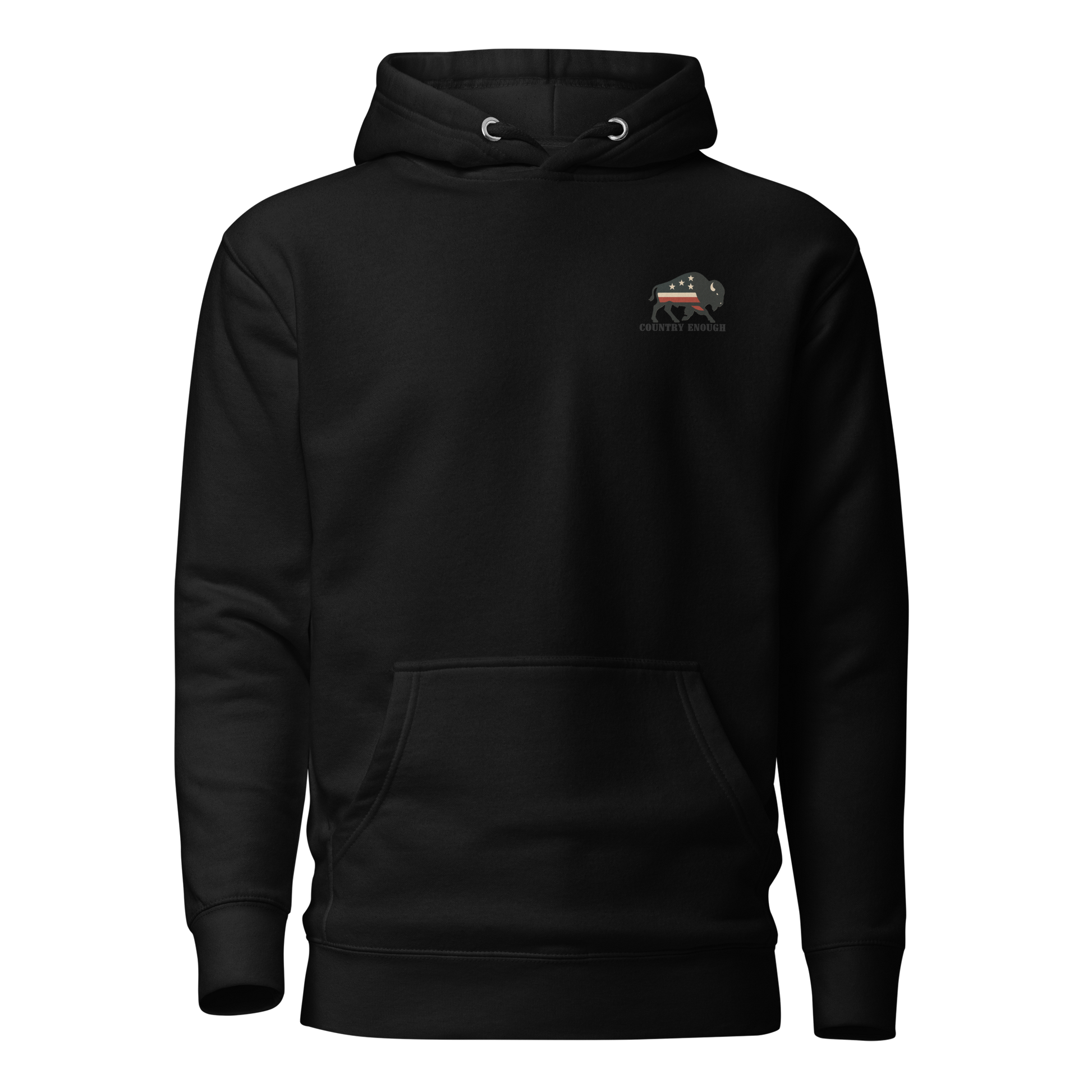 Black hoodie with graphic of American flag filled bison #black