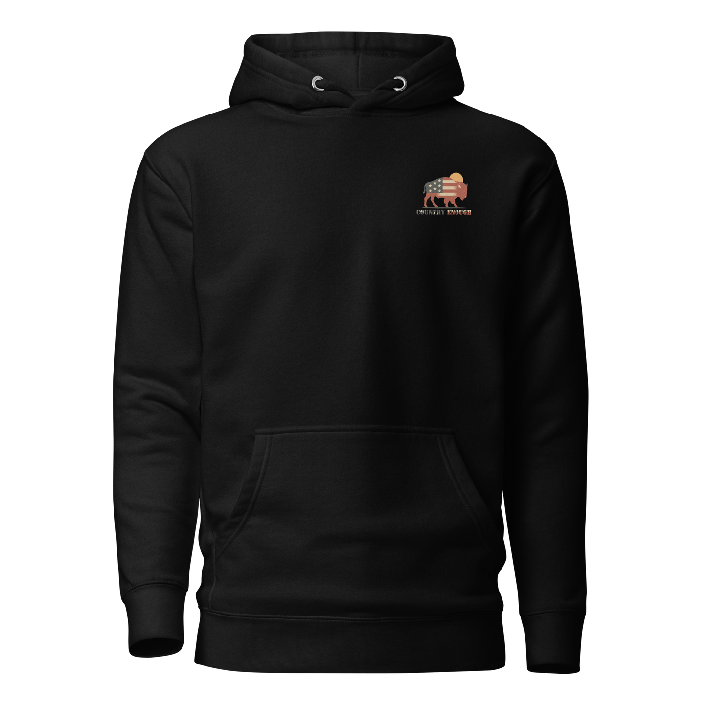 Black hoodie with graphic of American flag filled bison and sun #black