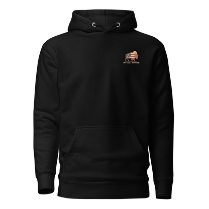 Black hoodie with graphic of American flag filled bison and sun #black