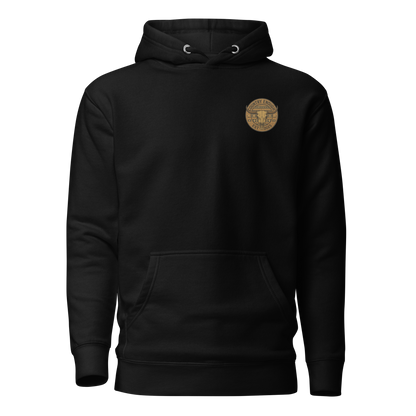 Black hoodie with western style graphic featuring longhorn skull and aztec print #black