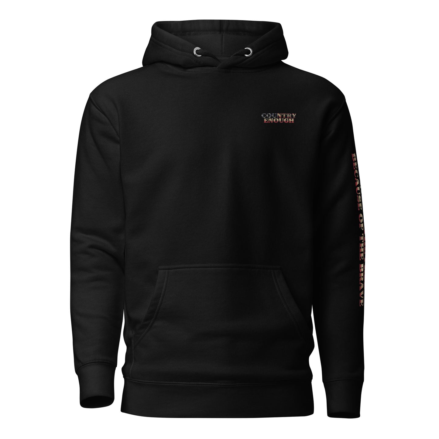 Black hoodie with words LAND OF THE FREE BECAUSE OF THE BRAVE down the sleeve #black