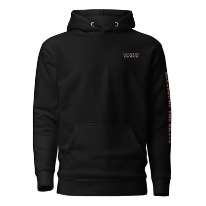 Black hoodie with words LAND OF THE FREE BECAUSE OF THE BRAVE down the sleeve #black