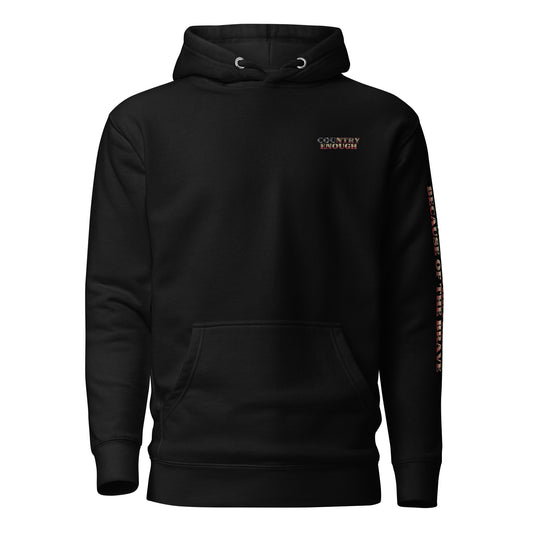 Black hoodie with words LAND OF THE FREE BECAUSE OF THE BRAVE down the sleeve #black