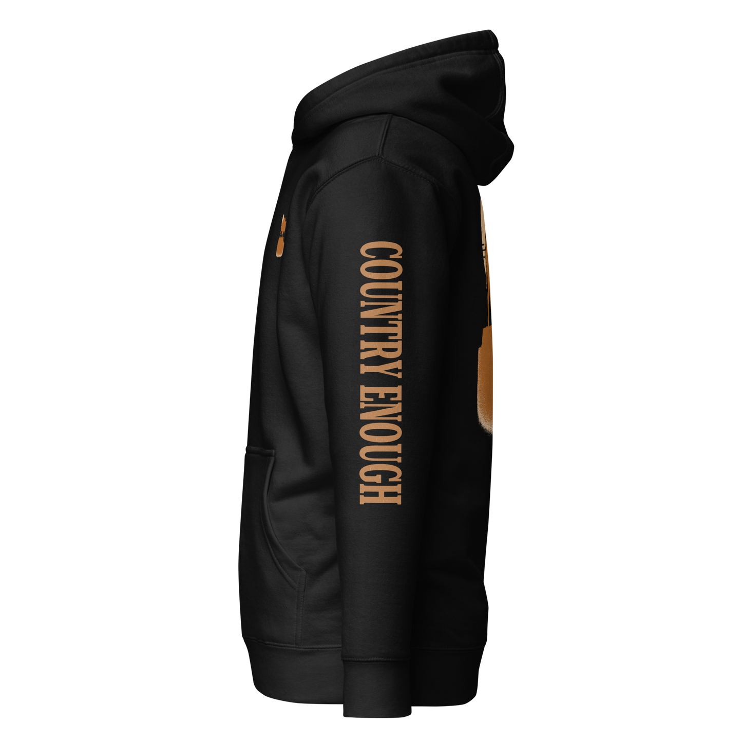 Black hoodie with graphic of bison atop a plateau, the sun behind, and the words country enough #black