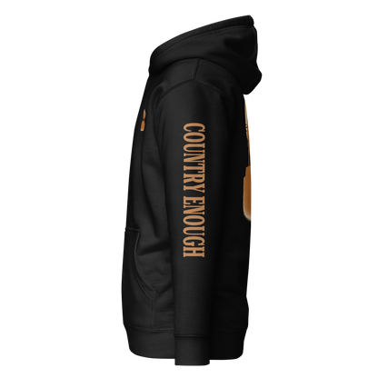 Black hoodie with graphic of bison atop a plateau, the sun behind, and the words country enough #black